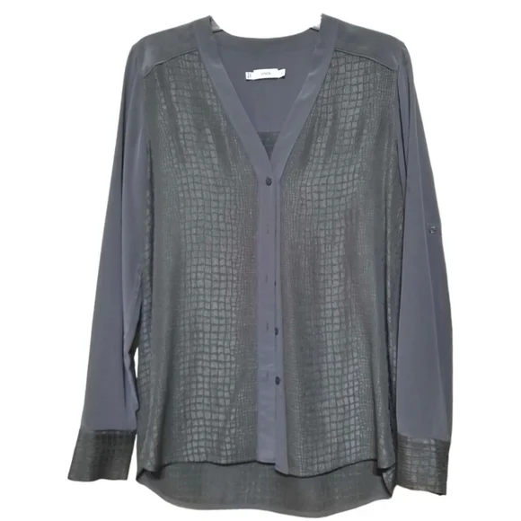 VINCE Silk Crocodile Embossed Blouse Long Tab Sleeve Grey Gray Top Button Down S - Picture 3 of 16